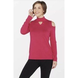 Susan Graver Rayon Nylon Cold Shoulder Mock Neck Sweater Deep Pink Plus Sz 1X